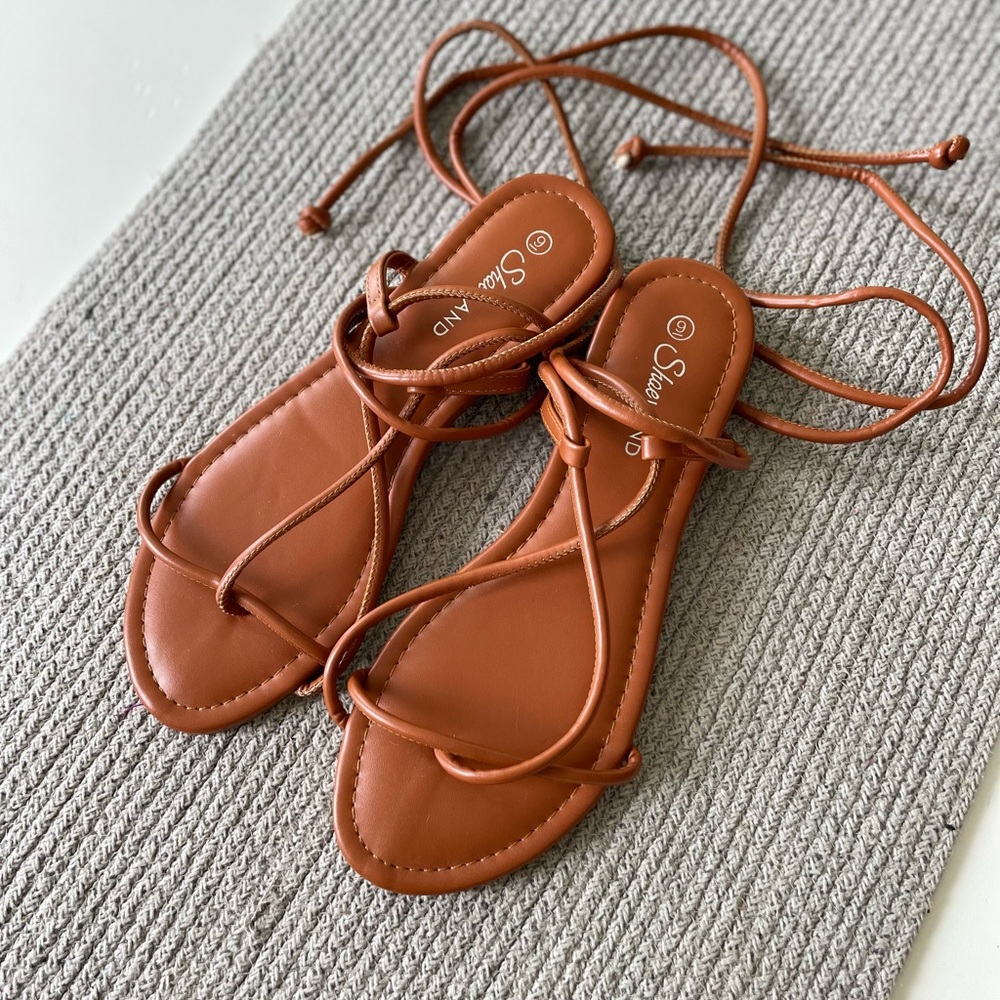 Shoeland Cognac Tan Brown Minimalist Strappy Ankle Wrap Sandals Size 9